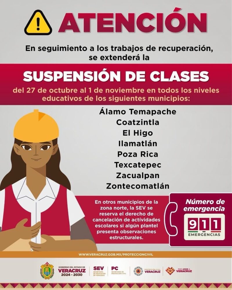 Extienden suspensión de clases en municipios del norte de Veracruz