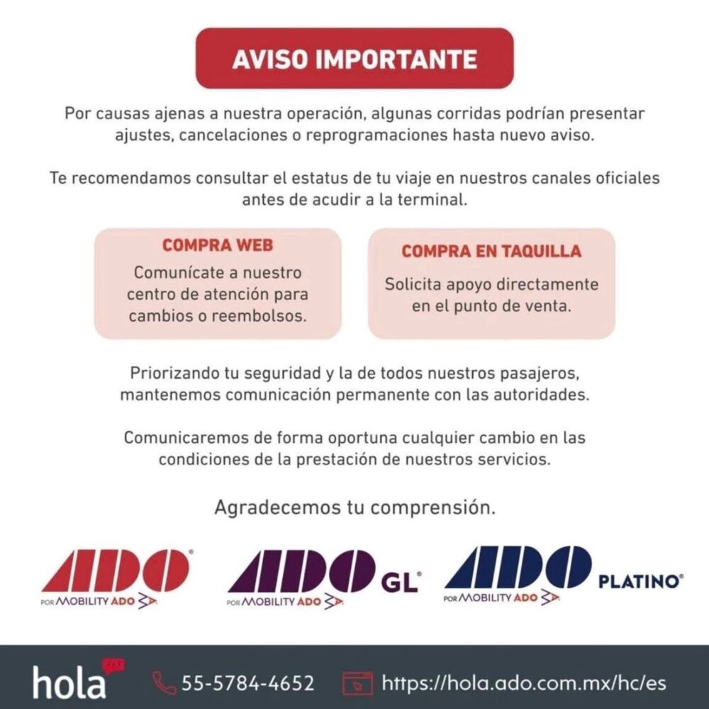 ADO informa posibles cancelaciones y ajustes en corridas por causas ajenas a su operación