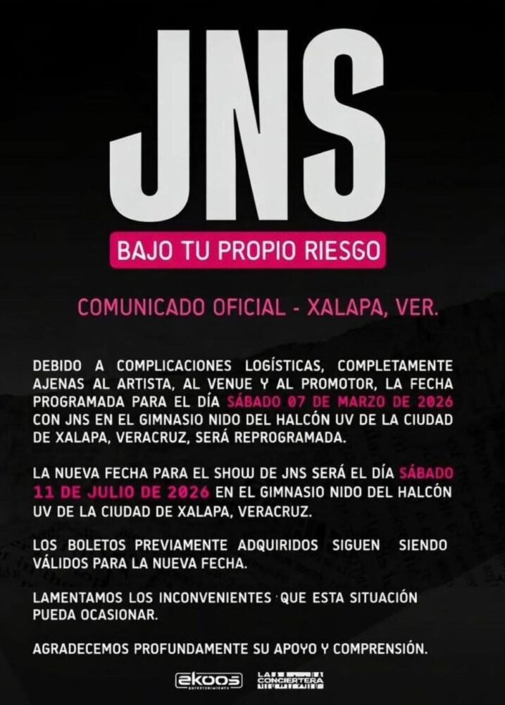 Reprograman concierto de JNS en Xalapa; se realizará en julio de 2026